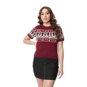Unique Vintage Burgundy Coffin & Cats Knit Short Sleeve Sweater Size 5X